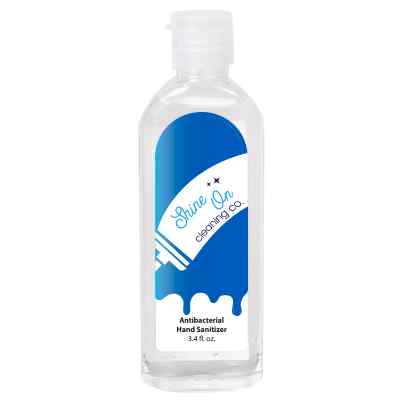 Clear plastic 3.4 ounce hand sanitizer with a full-color logo.